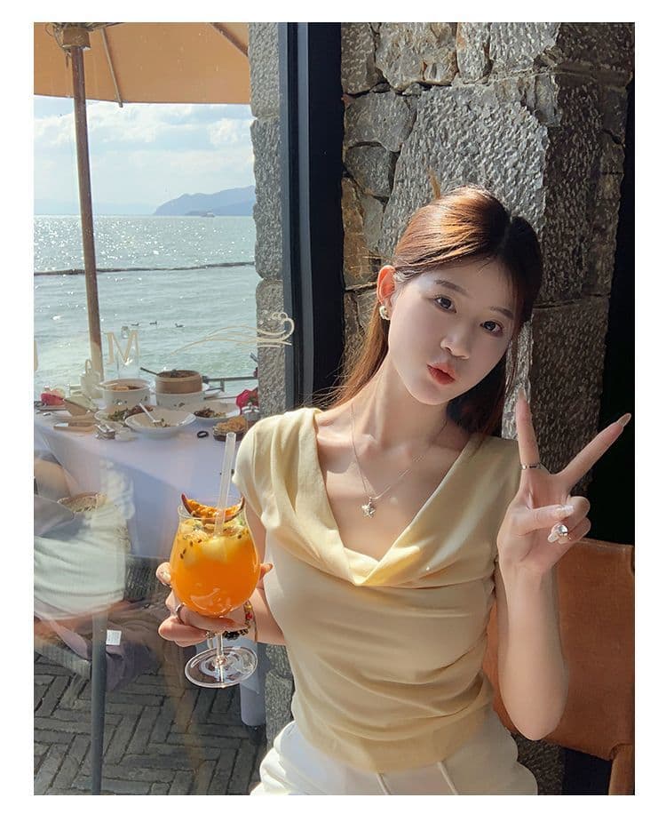 있음 선적 반팔 티셔츠 여성 한국 스타일 흔들다 칼라 새로운 몸매 가꾸기 순수한 욕망 바람 오프숄더 다용도 미니멀리즘 외출용 맨위 상세 이미지 15