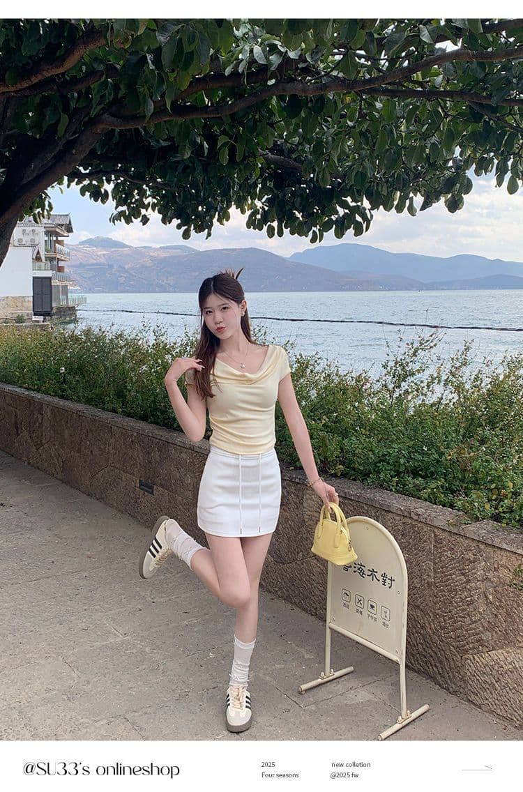 있음 선적 반팔 티셔츠 여성 한국 스타일 흔들다 칼라 새로운 몸매 가꾸기 순수한 욕망 바람 오프숄더 다용도 미니멀리즘 외출용 맨위 상세 이미지 16