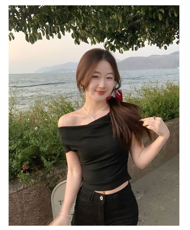 있음 선적 반팔 티셔츠 여성 한국 스타일 흔들다 칼라 새로운 몸매 가꾸기 순수한 욕망 바람 오프숄더 다용도 미니멀리즘 외출용 맨위 상세 이미지 17
