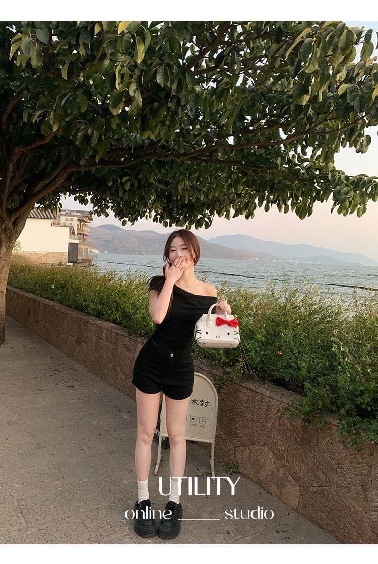 있음 선적 반팔 티셔츠 여성 한국 스타일 흔들다 칼라 새로운 몸매 가꾸기 순수한 욕망 바람 오프숄더 다용도 미니멀리즘 외출용 맨위 상세 이미지 18