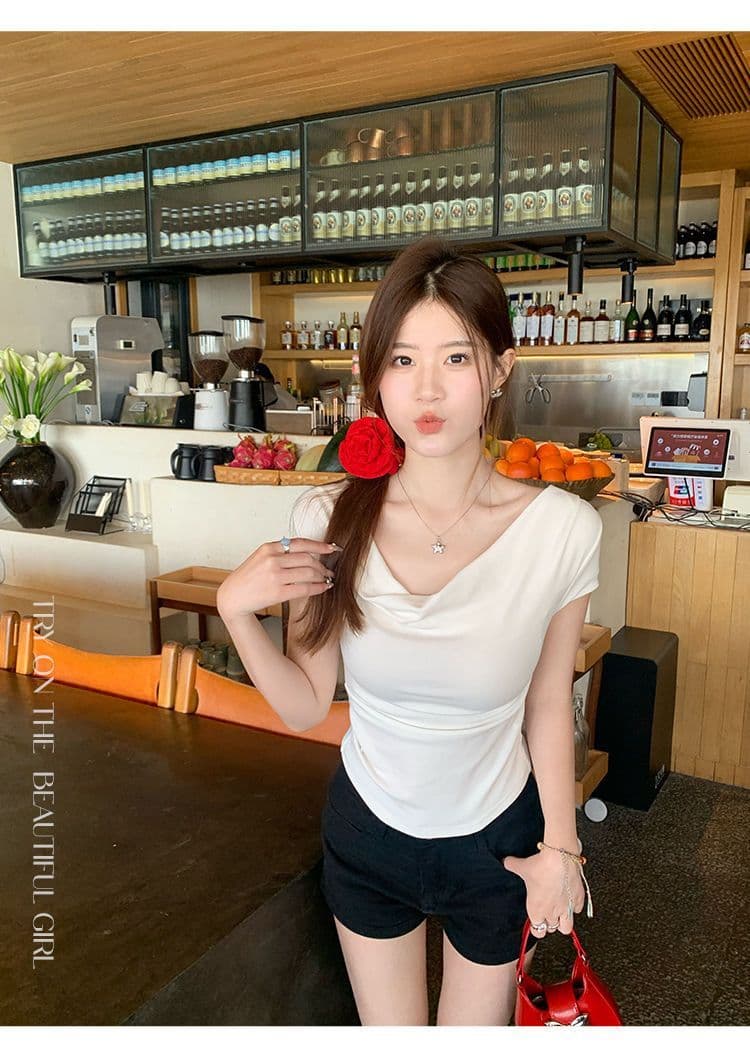 있음 선적 반팔 티셔츠 여성 한국 스타일 흔들다 칼라 새로운 몸매 가꾸기 순수한 욕망 바람 오프숄더 다용도 미니멀리즘 외출용 맨위 상세 이미지 20