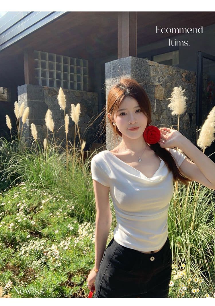 있음 선적 반팔 티셔츠 여성 한국 스타일 흔들다 칼라 새로운 몸매 가꾸기 순수한 욕망 바람 오프숄더 다용도 미니멀리즘 외출용 맨위 상세 이미지 22