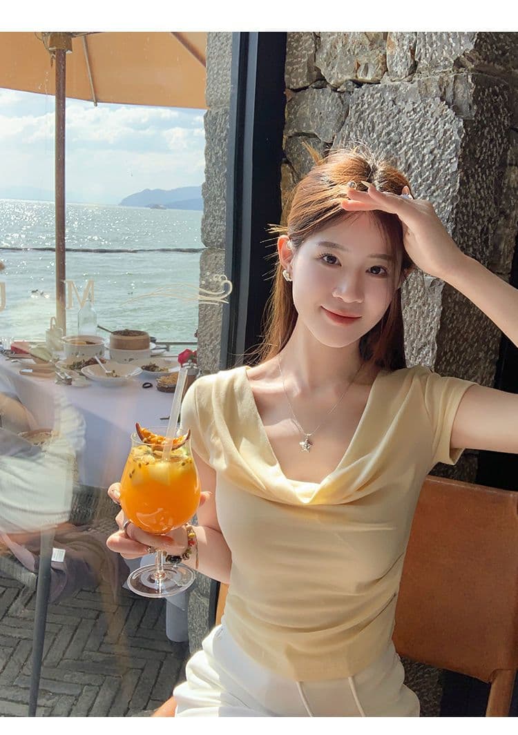 있음 선적 반팔 티셔츠 여성 한국 스타일 흔들다 칼라 새로운 몸매 가꾸기 순수한 욕망 바람 오프숄더 다용도 미니멀리즘 외출용 맨위 상세 이미지 23
