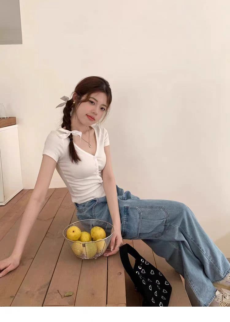 있음 선적 빅 브이 넥 자수 싱글 줄 버튼 반팔 작은 열림 셔츠 여성 여름 새로운 한국 스타일 몸매 가꾸기 티셔츠 쇼트 스타일 상세 이미지 7