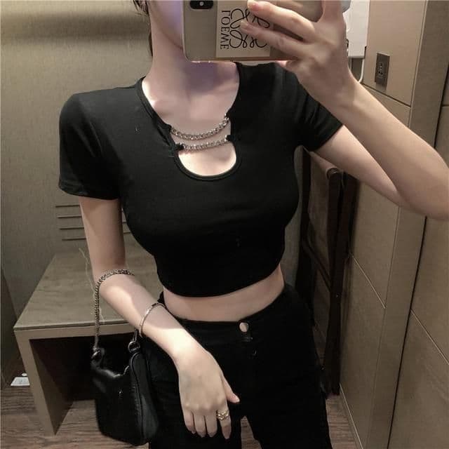 있음 선적 핫걸 검정색 반팔 여성 여름 디자인 센스 작은 대중 몸매 가꾸기 슬림해 보이는 쇼트 스타일 Chic 맨위 ins 타이트 상세 이미지 9