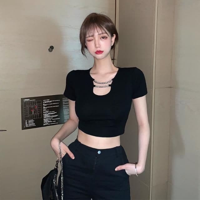 있음 선적 핫걸 검정색 반팔 여성 여름 디자인 센스 작은 대중 몸매 가꾸기 슬림해 보이는 쇼트 스타일 Chic 맨위 ins 타이트 상세 이미지 13