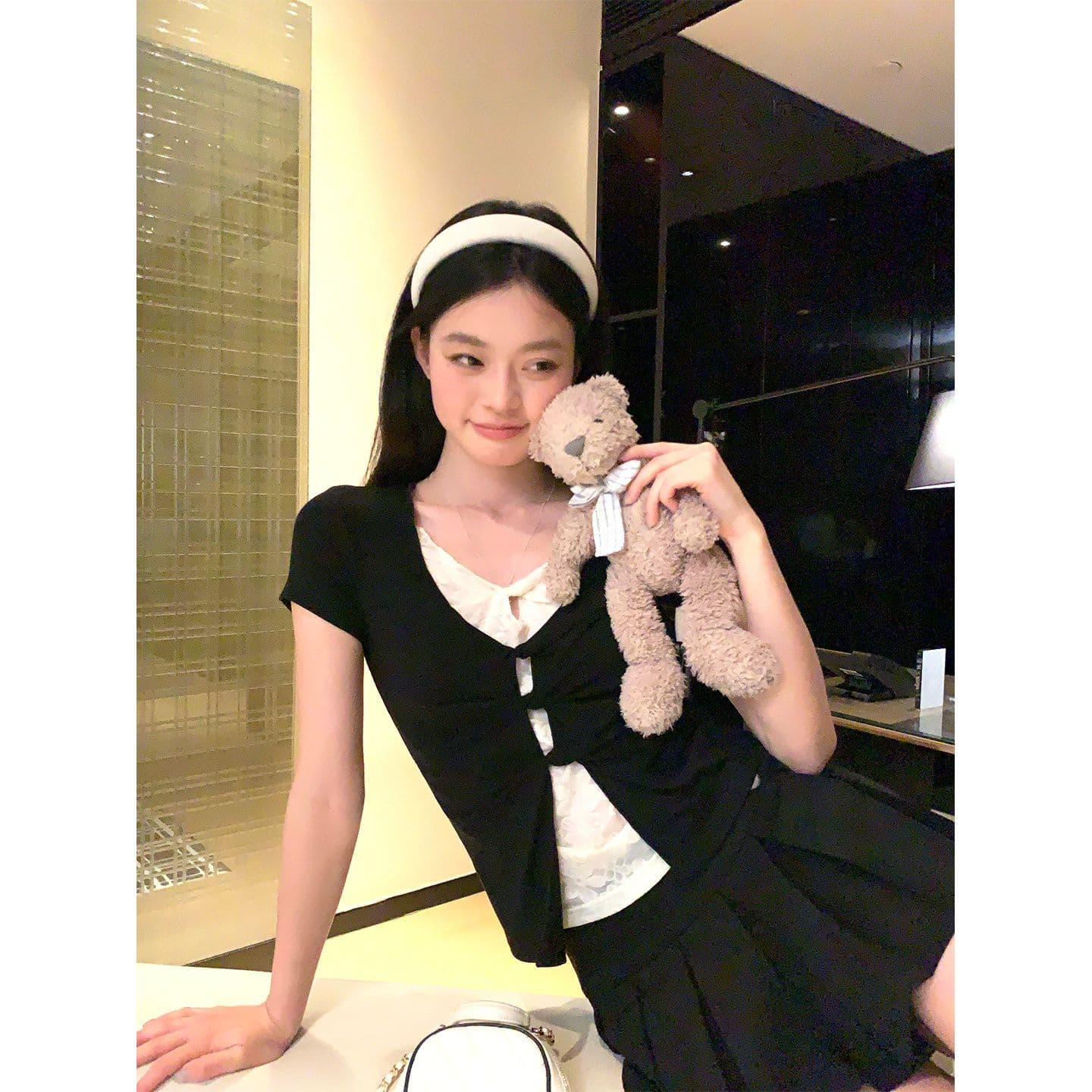 있음 선적 원본 페이크 레이어드 레이스 긍정적 인 어깨 반팔 티셔츠 여성 여름 몸매 가꾸기 슬림해 보이는 아메리칸 핫걸 맨위 상세 이미지 2