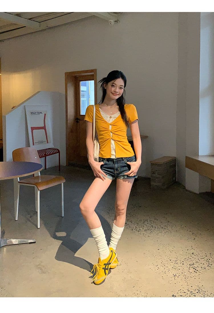 있음 선적 원본 페이크 레이어드 레이스 긍정적 인 어깨 반팔 티셔츠 여성 여름 몸매 가꾸기 슬림해 보이는 아메리칸 핫걸 맨위 상세 이미지 11