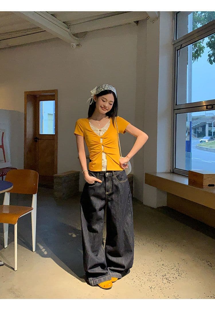 있음 선적 원본 페이크 레이어드 레이스 긍정적 인 어깨 반팔 티셔츠 여성 여름 몸매 가꾸기 슬림해 보이는 아메리칸 핫걸 맨위 상세 이미지 15