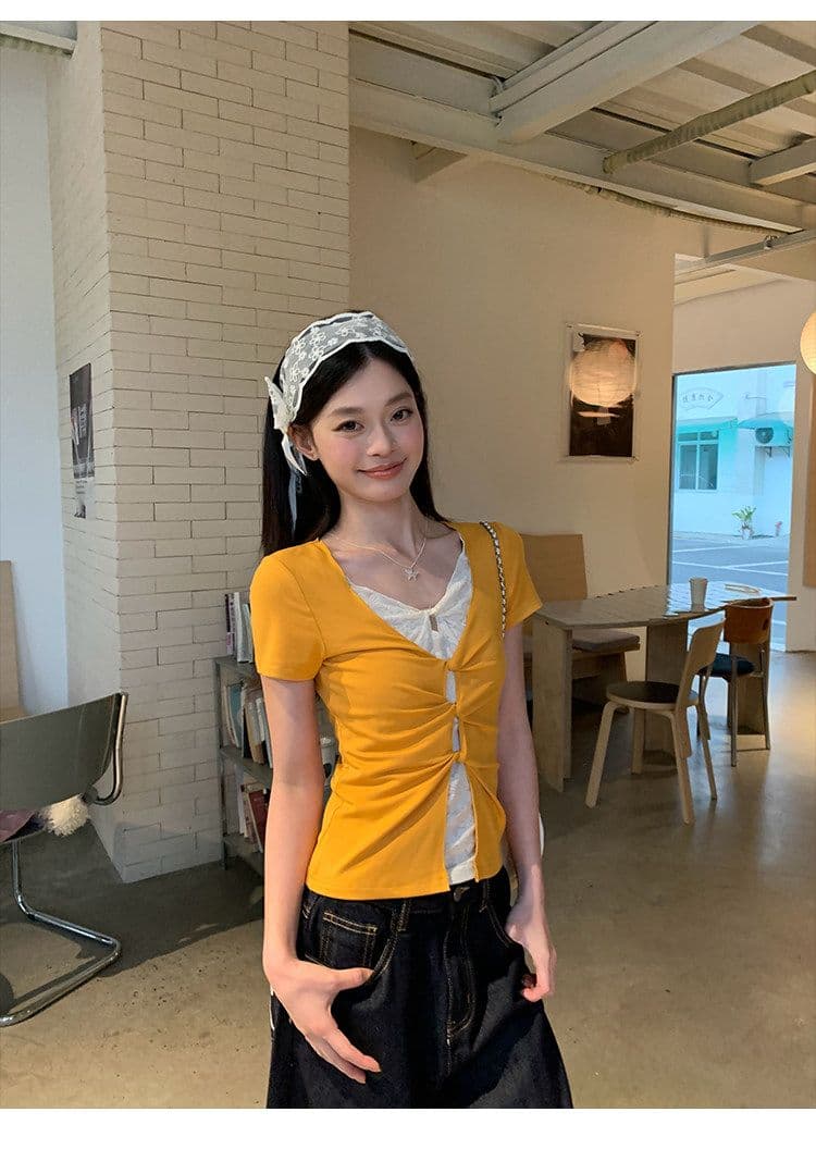 있음 선적 원본 페이크 레이어드 레이스 긍정적 인 어깨 반팔 티셔츠 여성 여름 몸매 가꾸기 슬림해 보이는 아메리칸 핫걸 맨위 상세 이미지 17