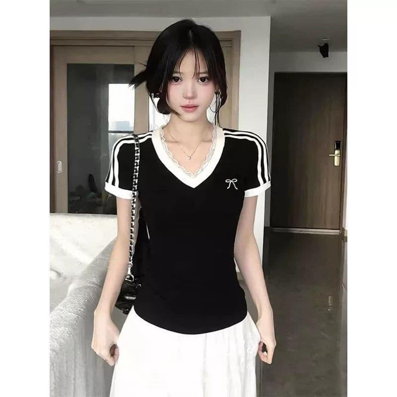 있음 선적 원본 40 순면 아메리칸 V넥 허리 수축 반팔 여성 Z아 어깨 몸매 가꾸기 검정색 다용도 티셔츠 이미지 3