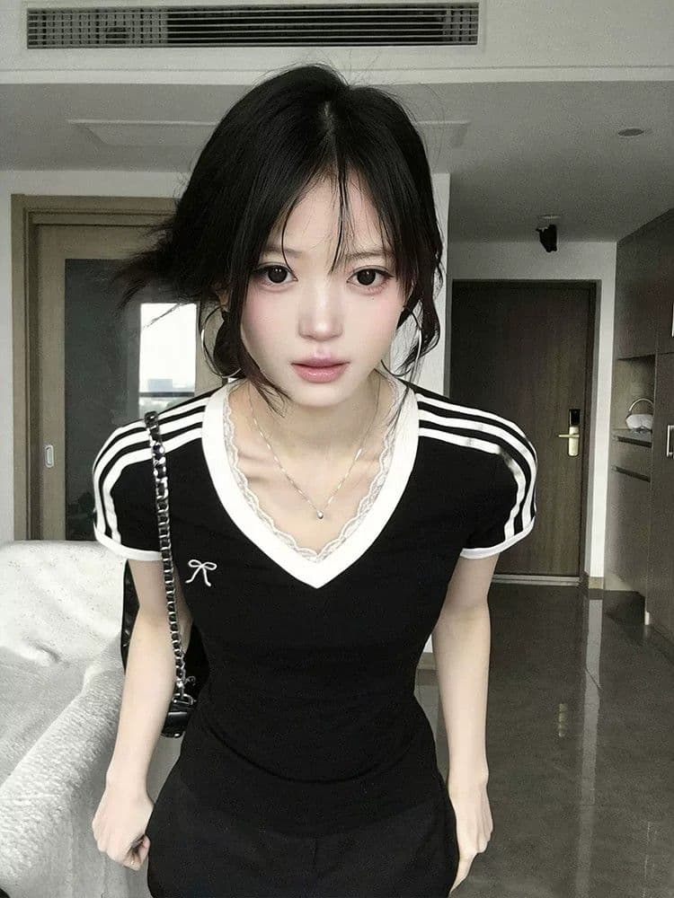 있음 선적 원본 40 순면 아메리칸 V넥 허리 수축 반팔 여성 Z아 어깨 몸매 가꾸기 검정색 다용도 티셔츠 상세 이미지 3