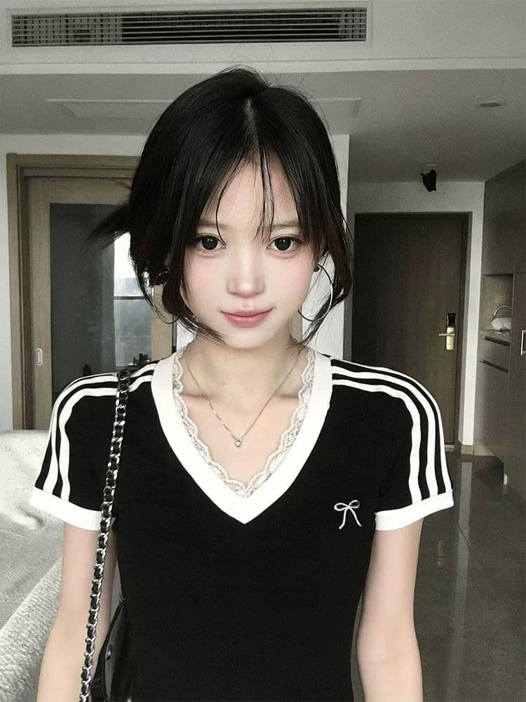 있음 선적 원본 40 순면 아메리칸 V넥 허리 수축 반팔 여성 Z아 어깨 몸매 가꾸기 검정색 다용도 티셔츠 상세 이미지 4
