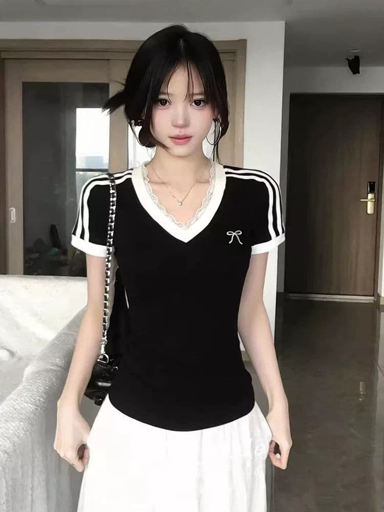 있음 선적 원본 40 순면 아메리칸 V넥 허리 수축 반팔 여성 Z아 어깨 몸매 가꾸기 검정색 다용도 티셔츠 상세 이미지 5