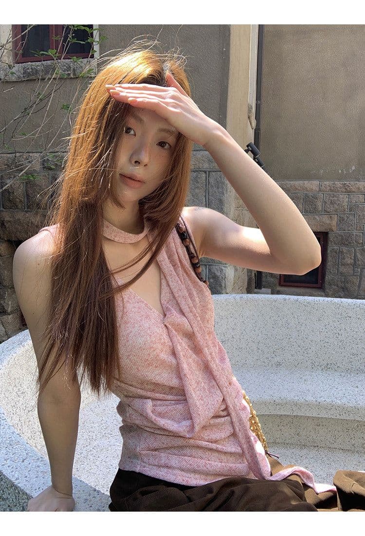 있음 선적 눈꽃 플러시 캐미솔 여름 외출용 아름다움 뒤로 프랑스식 핑크색 고급 센스 민소매 행침 목 맨위 상세 이미지 2