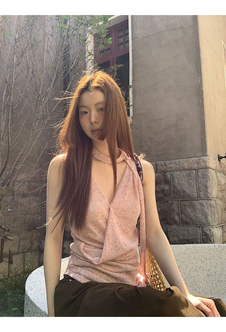 있음 선적 눈꽃 플러시 캐미솔 여름 외출용 아름다움 뒤로 프랑스식 핑크색 고급 센스 민소매 행침 목 맨위 상세 이미지 12