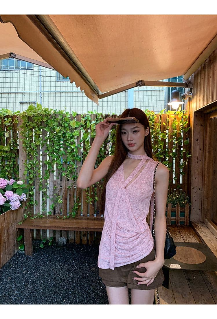 있음 선적 눈꽃 플러시 캐미솔 여름 외출용 아름다움 뒤로 프랑스식 핑크색 고급 센스 민소매 행침 목 맨위 상세 이미지 22