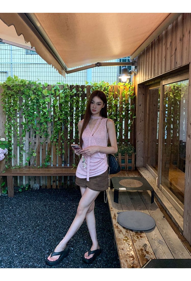 있음 선적 눈꽃 플러시 캐미솔 여름 외출용 아름다움 뒤로 프랑스식 핑크색 고급 센스 민소매 행침 목 맨위 상세 이미지 23
