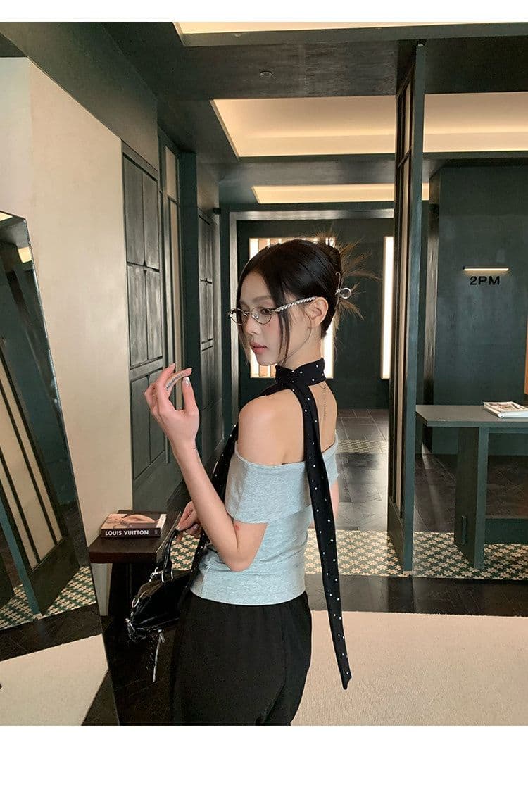 있음 선적 원본 회색 오프숄더 반팔 티셔츠 여성 여름 몸매 가꾸기 슬림해 보이는 한 부서 품격 오프숄더 맨위 상세 이미지 19