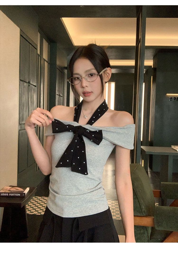 있음 선적 원본 회색 오프숄더 반팔 티셔츠 여성 여름 몸매 가꾸기 슬림해 보이는 한 부서 품격 오프숄더 맨위 상세 이미지 21