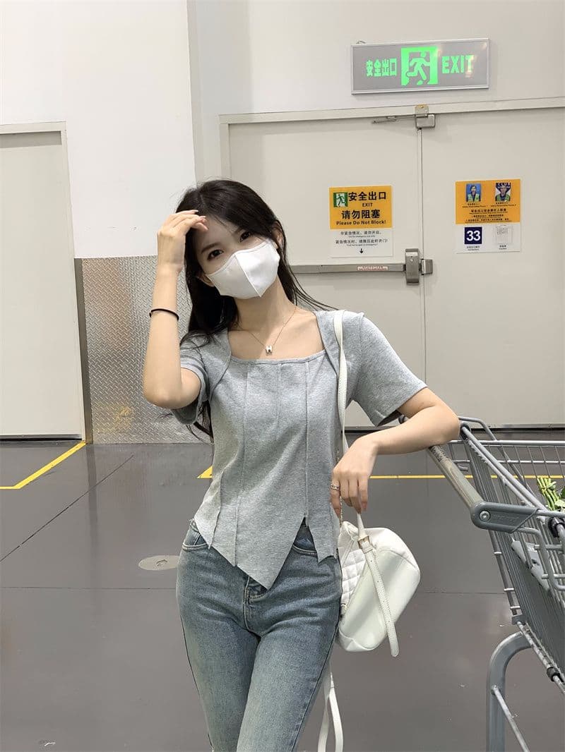있음 선적 광장 칼라 긍정적 인 어깨 반팔 새로운 티셔츠 여성 여름 불규칙 디자인 센스 마이크로 슬림해 보이는 쇼트 스타일 맨위 상세 이미지 2