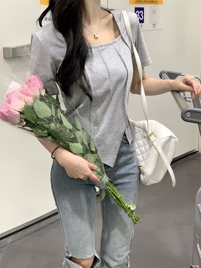 있음 선적 광장 칼라 긍정적 인 어깨 반팔 새로운 티셔츠 여성 여름 불규칙 디자인 센스 마이크로 슬림해 보이는 쇼트 스타일 맨위 상세 이미지 3