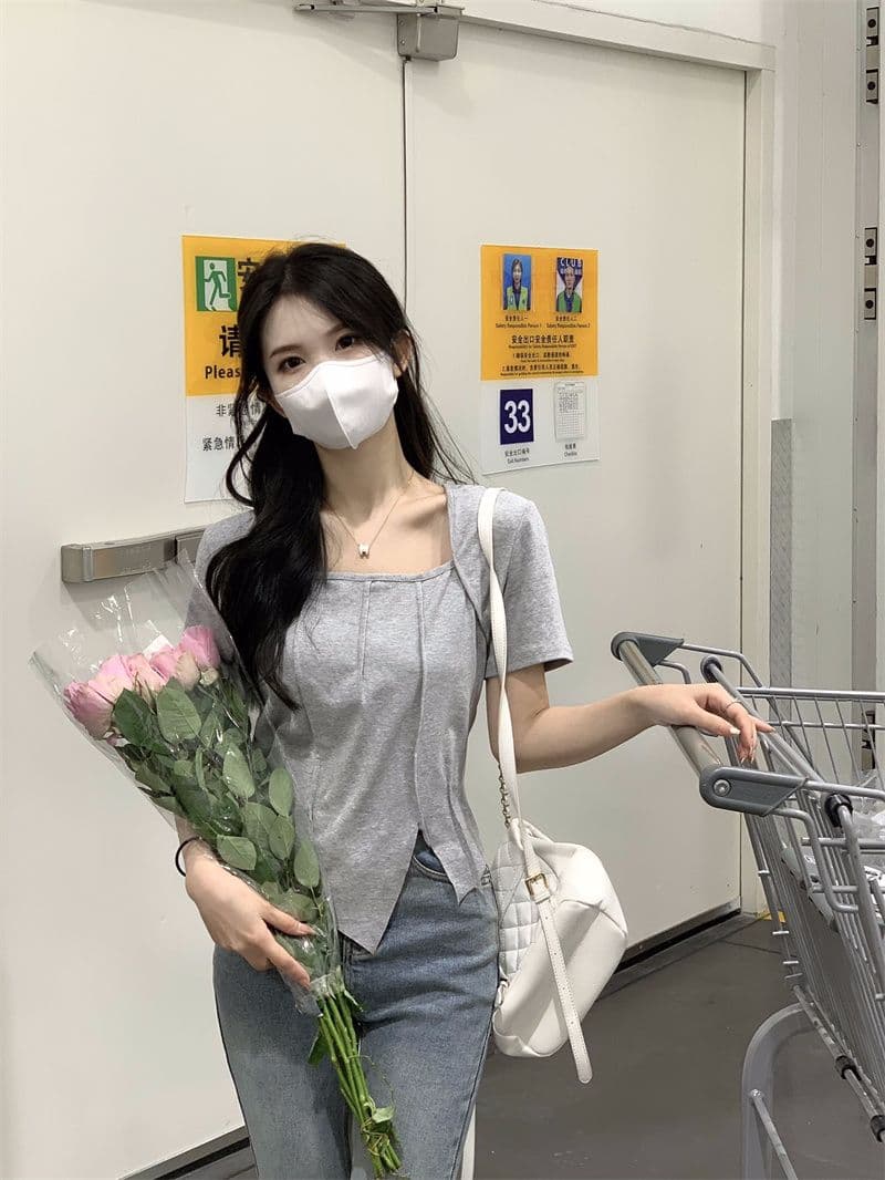 있음 선적 광장 칼라 긍정적 인 어깨 반팔 새로운 티셔츠 여성 여름 불규칙 디자인 센스 마이크로 슬림해 보이는 쇼트 스타일 맨위 상세 이미지 4