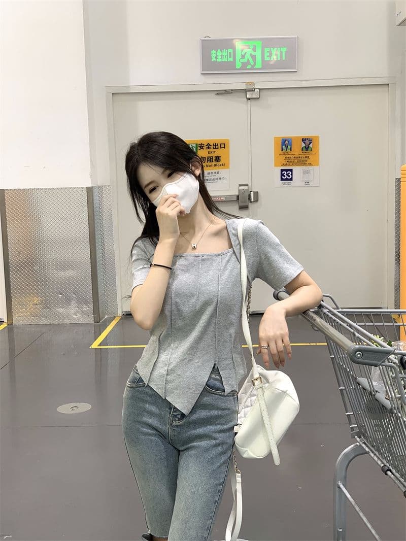 있음 선적 광장 칼라 긍정적 인 어깨 반팔 새로운 티셔츠 여성 여름 불규칙 디자인 센스 마이크로 슬림해 보이는 쇼트 스타일 맨위 상세 이미지 6