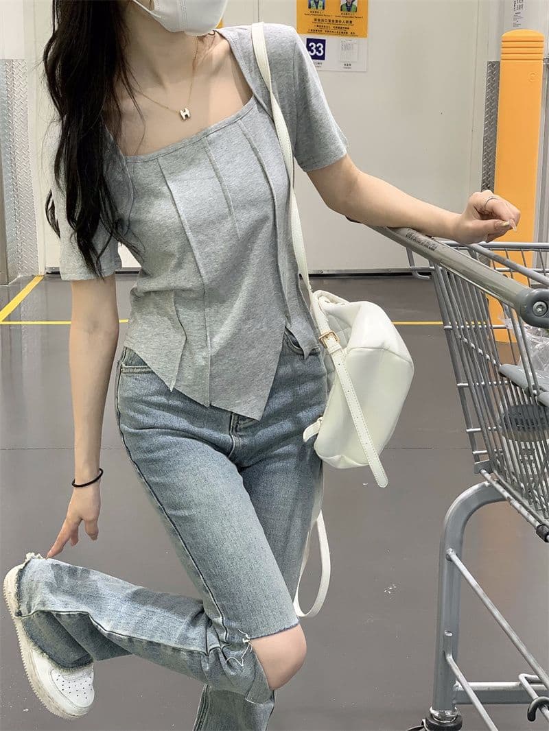 있음 선적 광장 칼라 긍정적 인 어깨 반팔 새로운 티셔츠 여성 여름 불규칙 디자인 센스 마이크로 슬림해 보이는 쇼트 스타일 맨위 상세 이미지 7