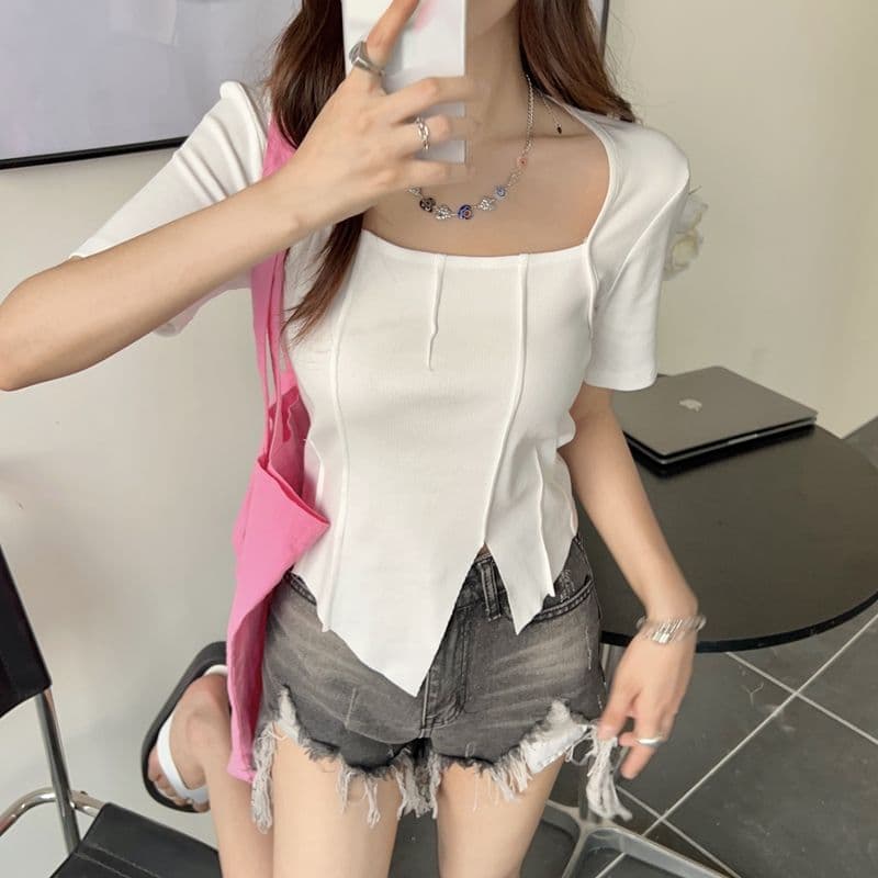 있음 선적 광장 칼라 긍정적 인 어깨 반팔 새로운 티셔츠 여성 여름 불규칙 디자인 센스 마이크로 슬림해 보이는 쇼트 스타일 맨위 상세 이미지 11