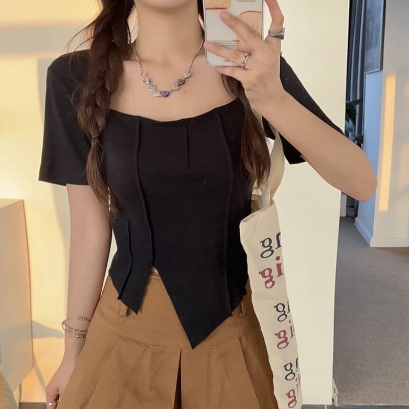 있음 선적 광장 칼라 긍정적 인 어깨 반팔 새로운 티셔츠 여성 여름 불규칙 디자인 센스 마이크로 슬림해 보이는 쇼트 스타일 맨위 상세 이미지 12