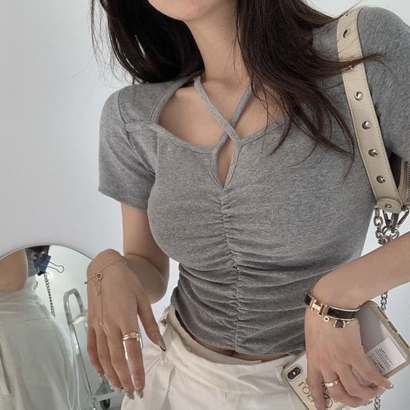 있음 선적 여름 드레스 새로운 광장 칼라 검정색 반팔 티셔츠 여성 조심해. 기계 디자인 센스 이슬 쇄골 쇼트 스타일 맨위 이미지 2