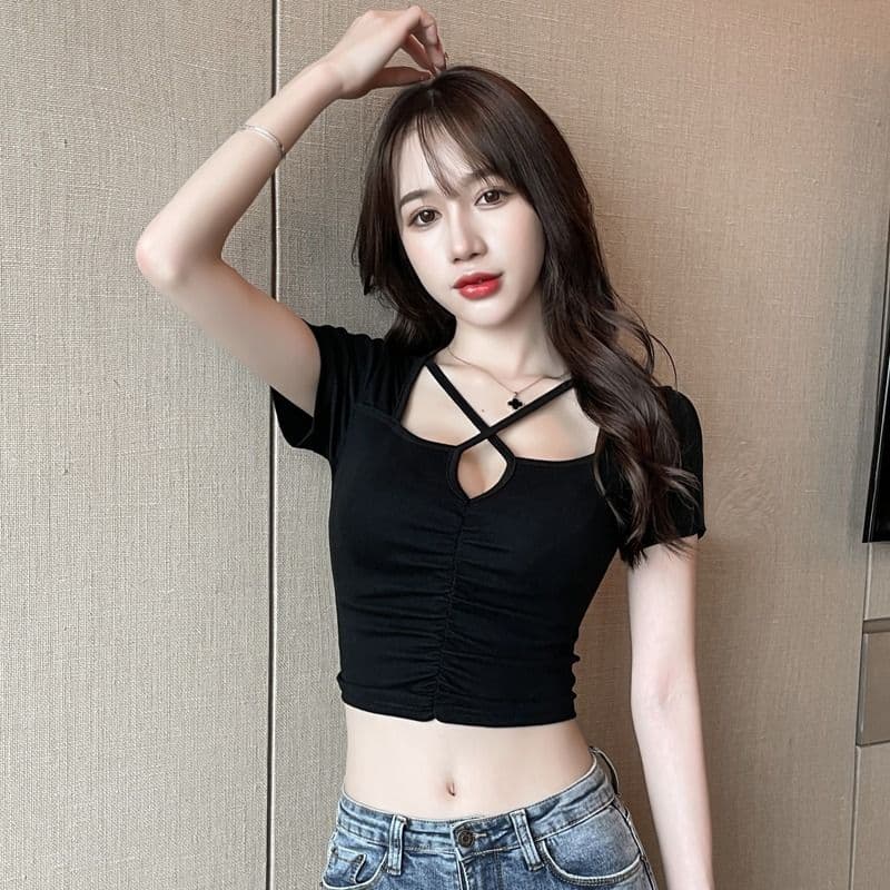 있음 선적 여름 드레스 새로운 광장 칼라 검정색 반팔 티셔츠 여성 조심해. 기계 디자인 센스 이슬 쇄골 쇼트 스타일 맨위 이미지 3