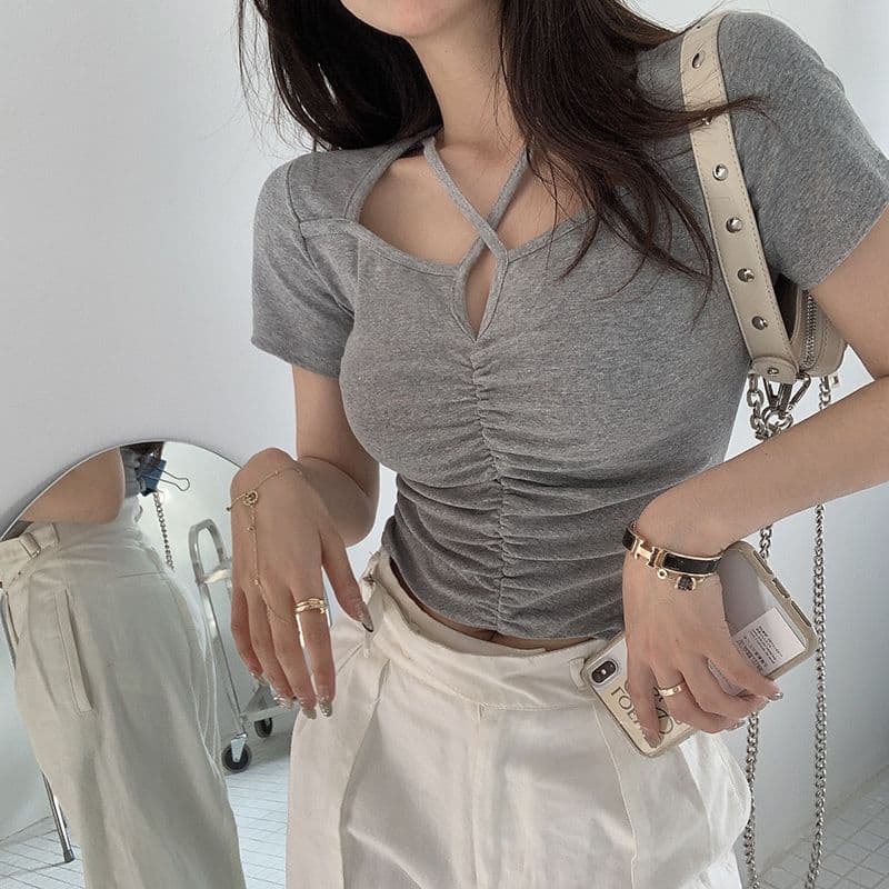 있음 선적 여름 드레스 새로운 광장 칼라 검정색 반팔 티셔츠 여성 조심해. 기계 디자인 센스 이슬 쇄골 쇼트 스타일 맨위 상세 이미지 8