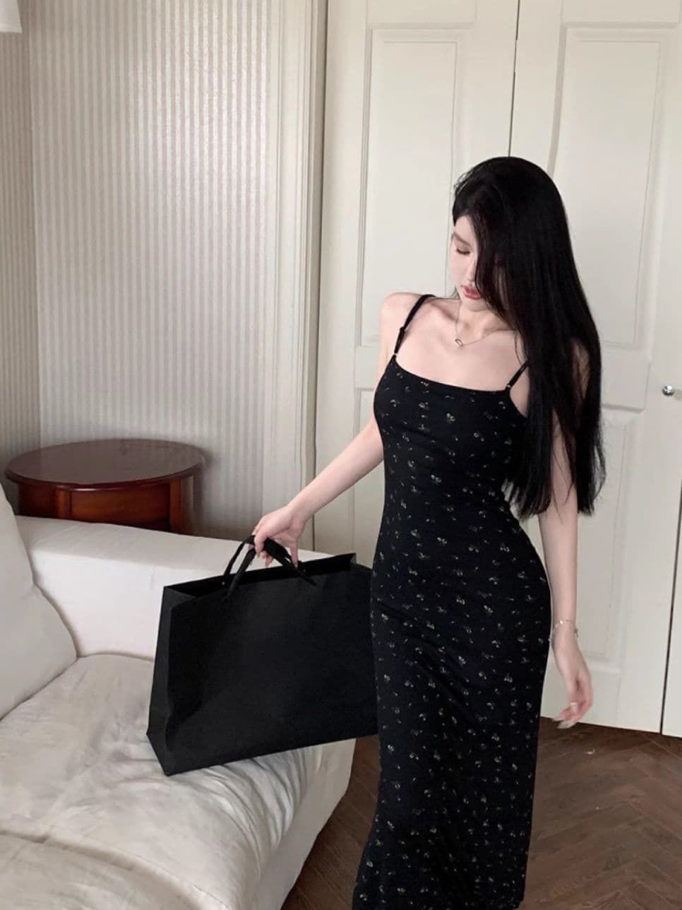 꽃무늬 슬립 여성 드레스 여름 핫걸 타이트 검정색 치마 허리 수축 섹시함 트임 타이트 스커트 롱 스커트