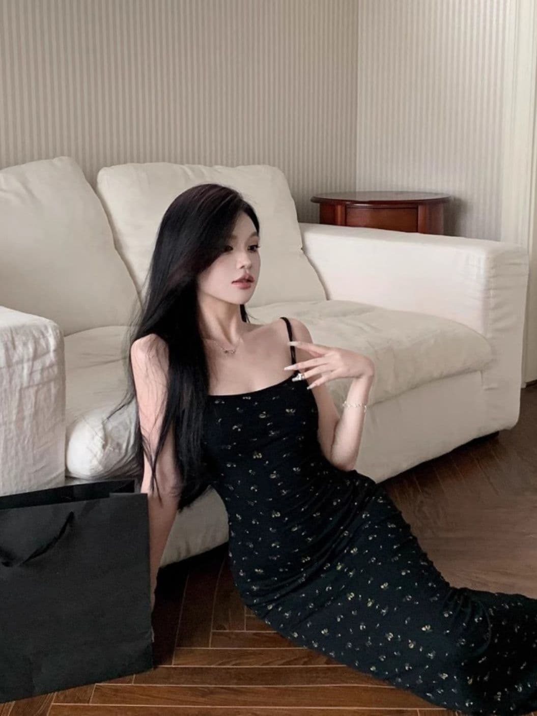 꽃무늬 슬립 여성 드레스 여름 핫걸 타이트 검정색 치마 허리 수축 섹시함 트임 타이트 스커트 롱 스커트 이미지 2