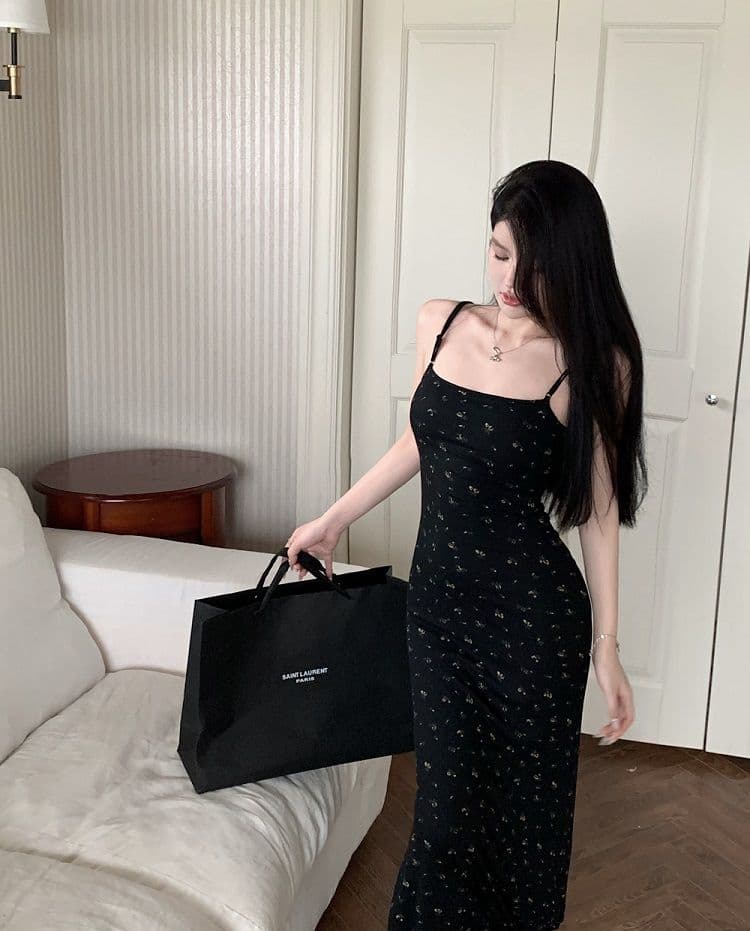 꽃무늬 슬립 여성 드레스 여름 핫걸 타이트 검정색 치마 허리 수축 섹시함 트임 타이트 스커트 롱 스커트 상세 이미지 2