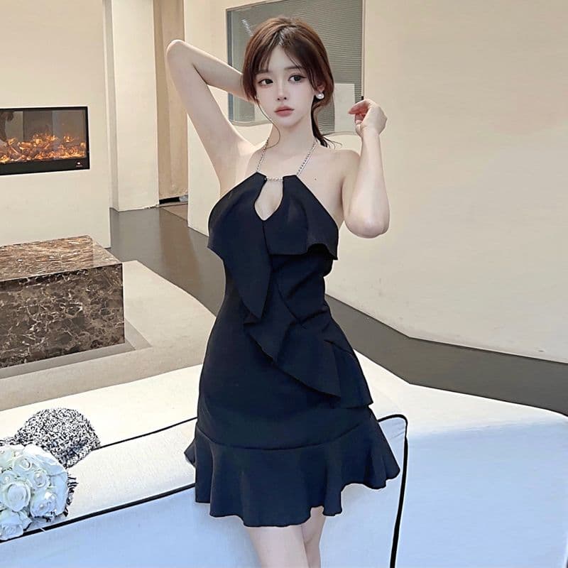 있음 선적 그는 벤 바람 행침 목 체인 작은 검은 드레스 여름 섹시함 프릴 Chic 슬림해 보이는 민소매 드레스 이미지 4