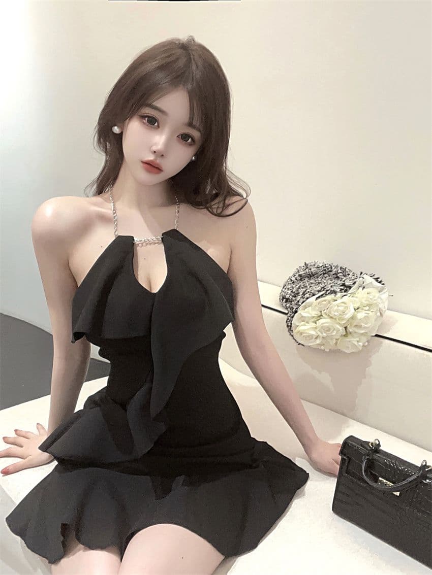 있음 선적 그는 벤 바람 행침 목 체인 작은 검은 드레스 여름 섹시함 프릴 Chic 슬림해 보이는 민소매 드레스 상세 이미지 2