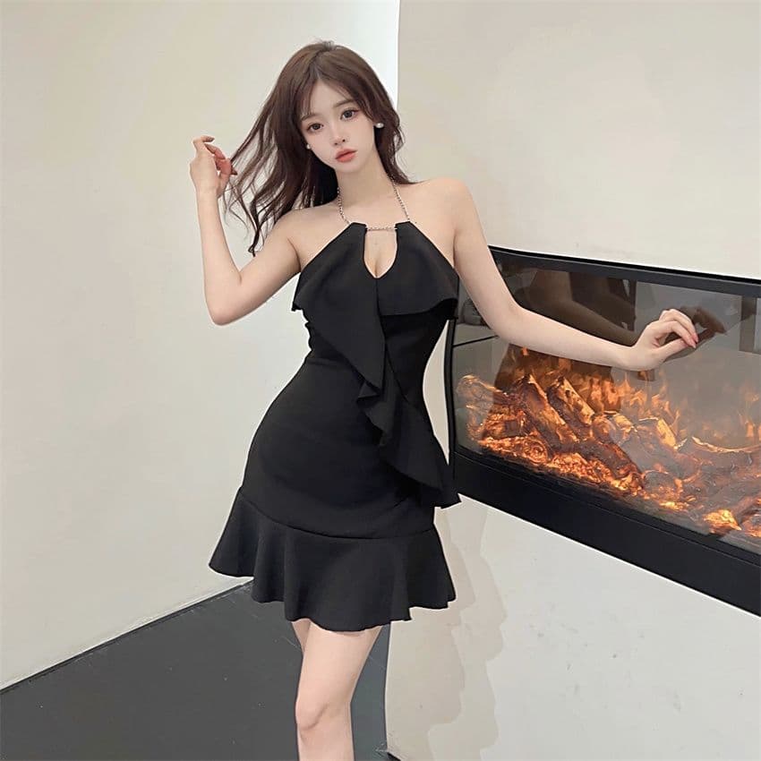 있음 선적 그는 벤 바람 행침 목 체인 작은 검은 드레스 여름 섹시함 프릴 Chic 슬림해 보이는 민소매 드레스 상세 이미지 6