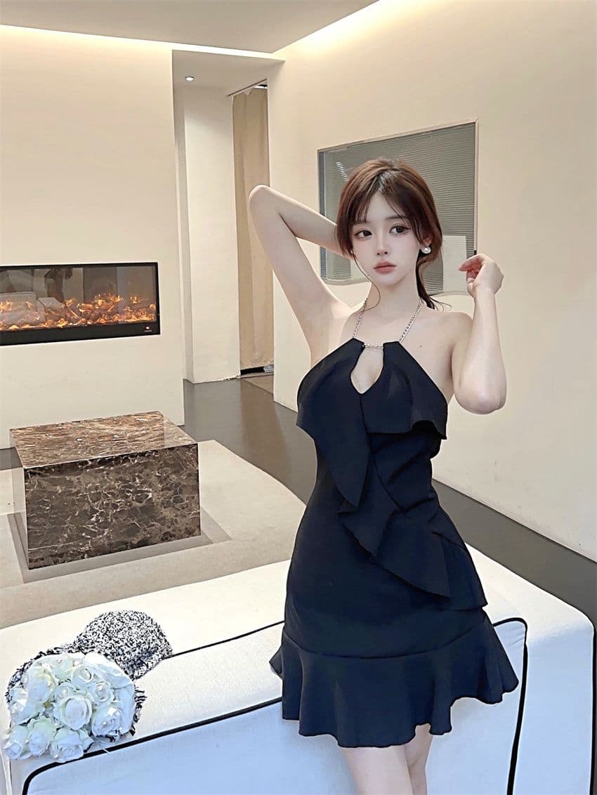 있음 선적 그는 벤 바람 행침 목 체인 작은 검은 드레스 여름 섹시함 프릴 Chic 슬림해 보이는 민소매 드레스 상세 이미지 7