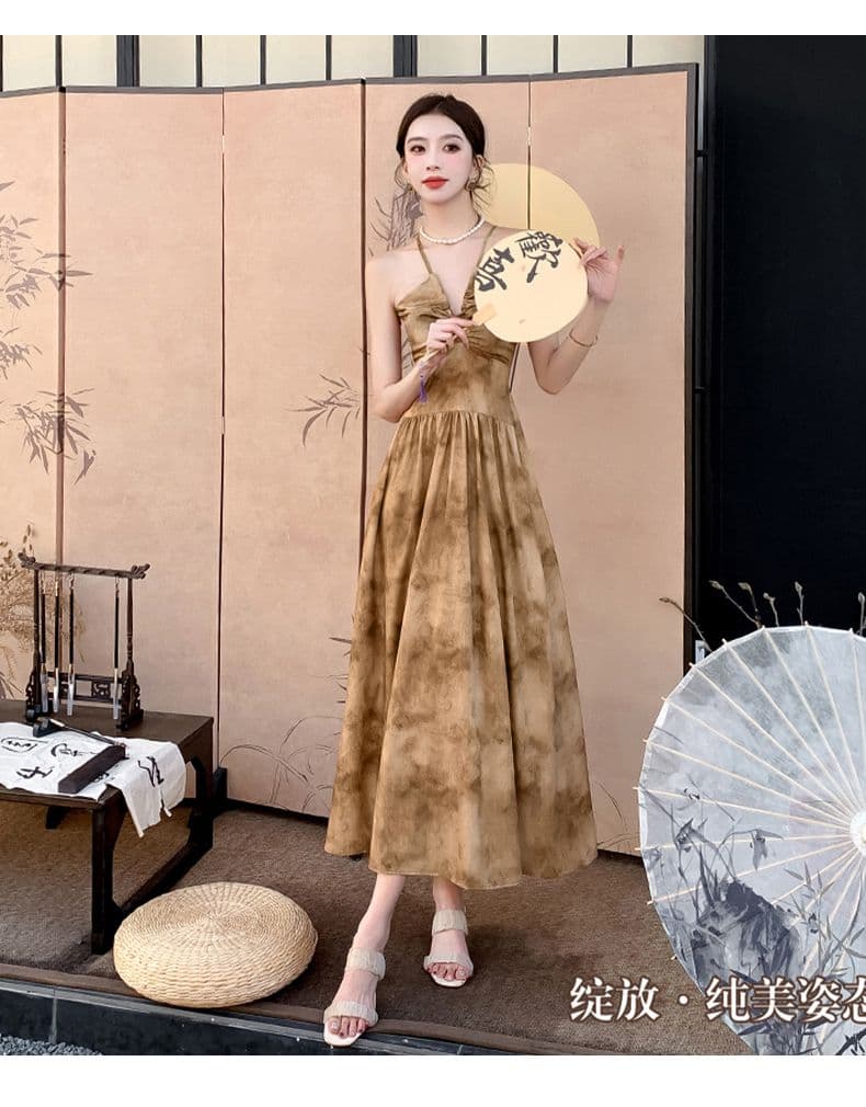있음 선적 새로운 중식 행침 목 슬립 V넥 여성 드레스 여름 백리스 허리 수축 섹시함 롱 스커트 A라인 스커트 여성 상세 이미지 12