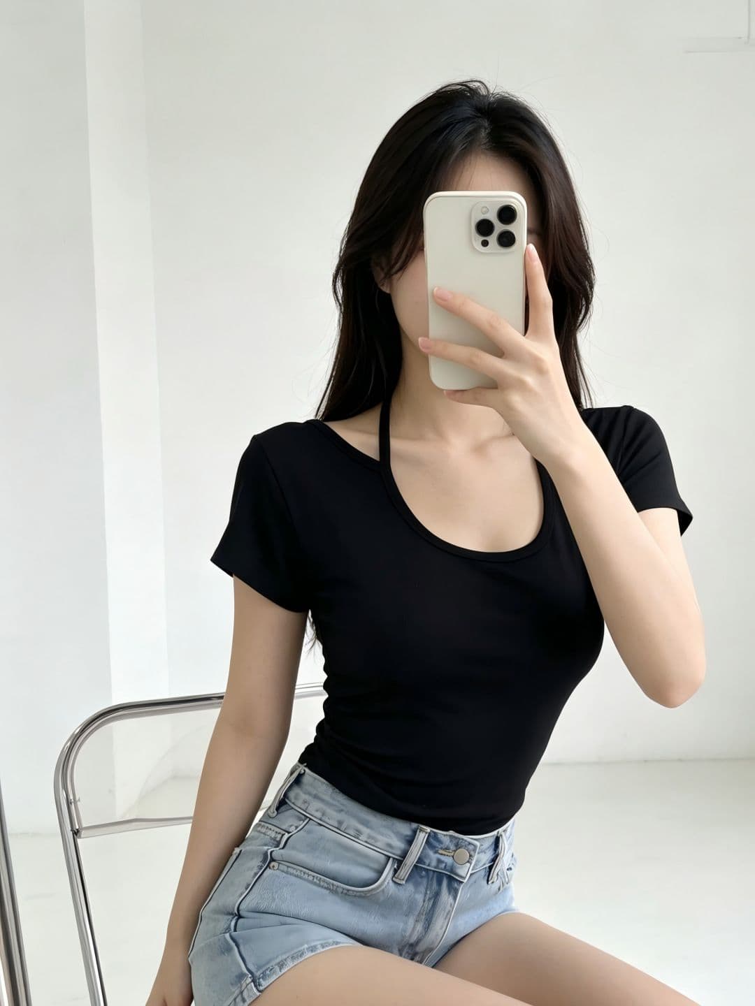 있음 선적 행침 목 반팔 티셔츠 여성 여름 새로운 한국 스타일 디자인 센스 작은 대중 불규칙 몸매 가꾸기 섹시함 맨위 상세 이미지 5