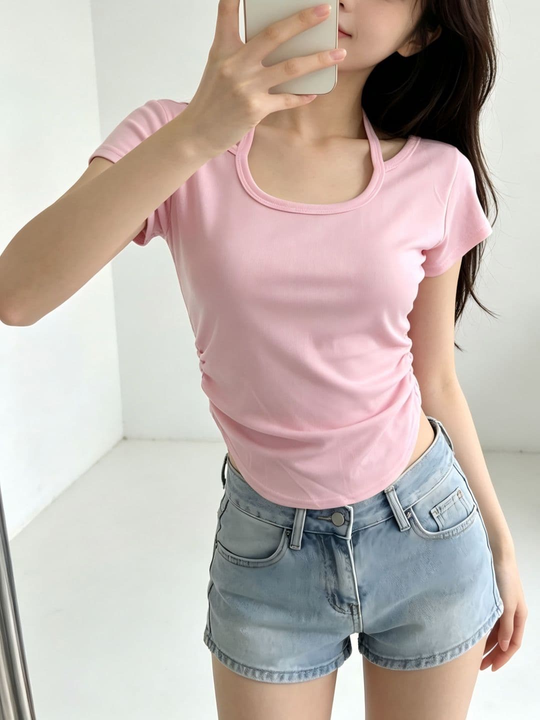 있음 선적 행침 목 반팔 티셔츠 여성 여름 새로운 한국 스타일 디자인 센스 작은 대중 불규칙 몸매 가꾸기 섹시함 맨위 상세 이미지 7