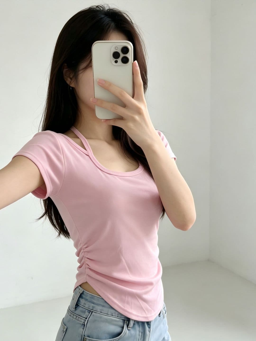 있음 선적 행침 목 반팔 티셔츠 여성 여름 새로운 한국 스타일 디자인 센스 작은 대중 불규칙 몸매 가꾸기 섹시함 맨위 상세 이미지 8