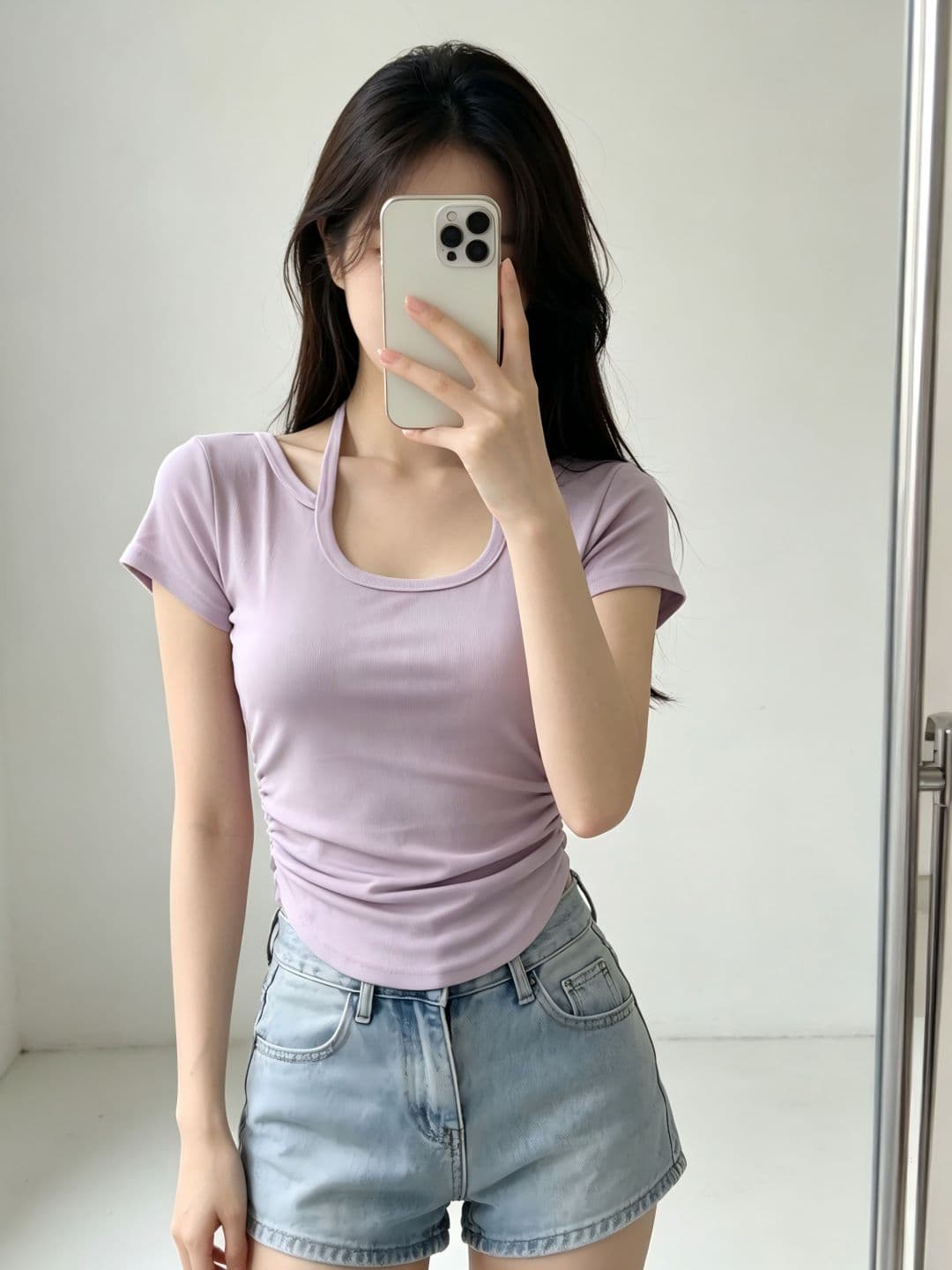 있음 선적 행침 목 반팔 티셔츠 여성 여름 새로운 한국 스타일 디자인 센스 작은 대중 불규칙 몸매 가꾸기 섹시함 맨위 상세 이미지 18