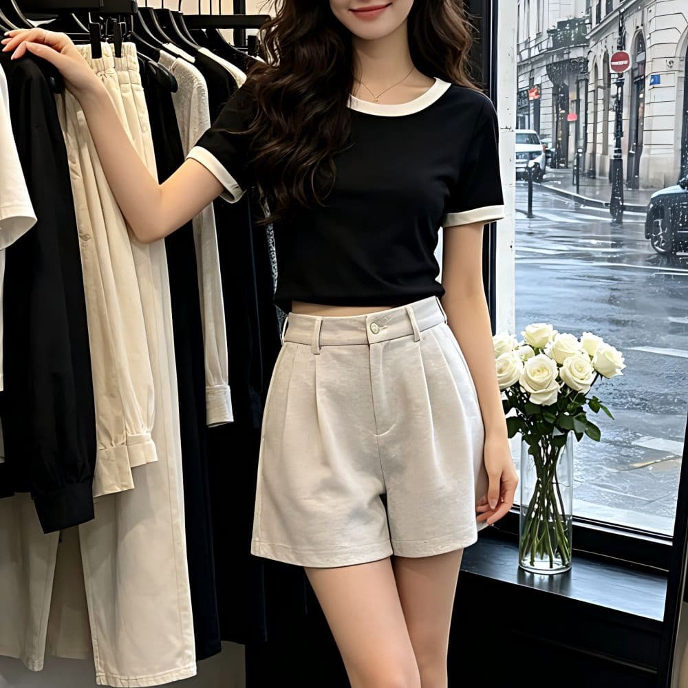 있음 선적 반팔 티셔츠 여성 여름 새로운 한국 스타일 작은 대중 디자인 센스 배색 핫걸 몸매 가꾸기 쇼트 스타일 이슬 뼈의 맨위 이미지 2