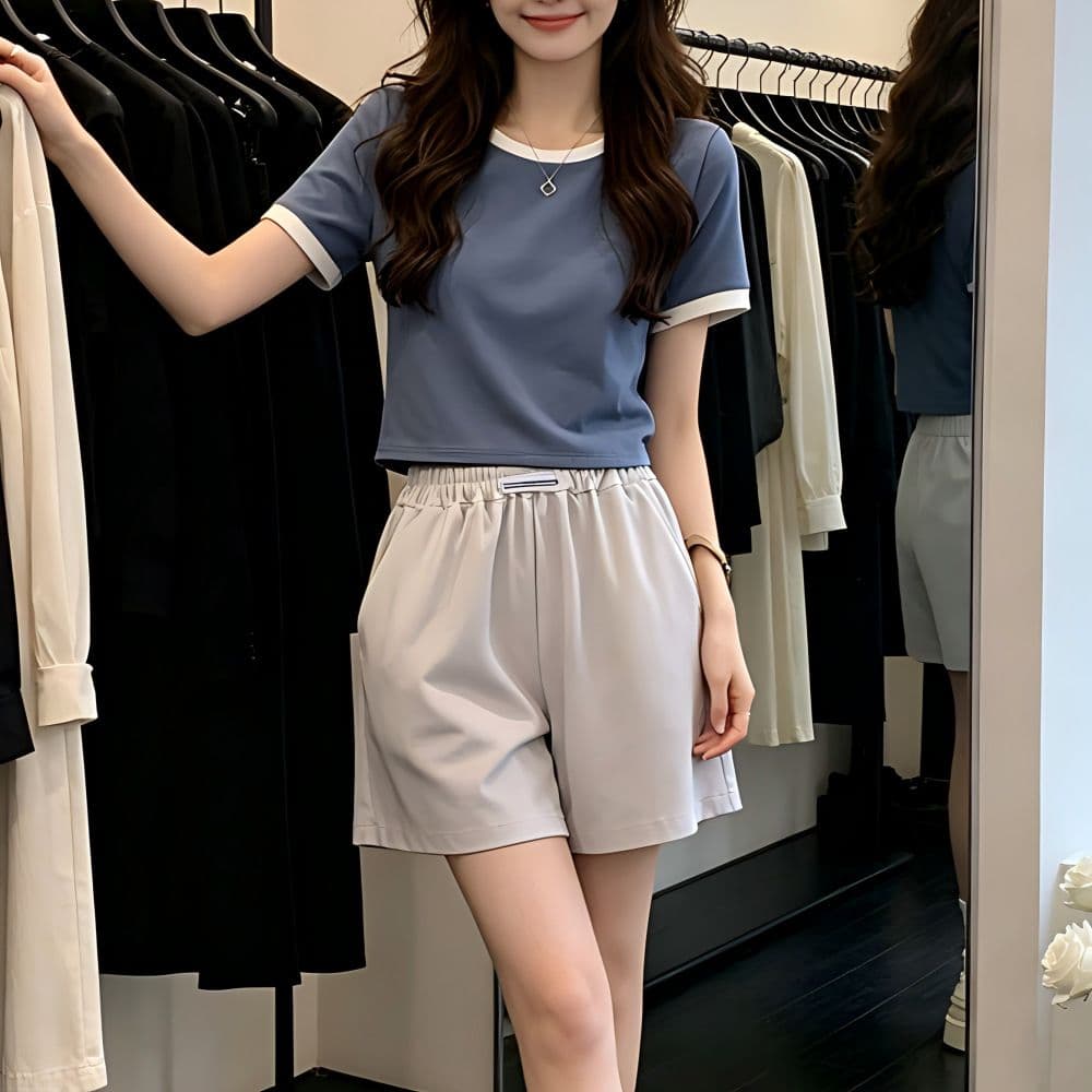 있음 선적 반팔 티셔츠 여성 여름 새로운 한국 스타일 작은 대중 디자인 센스 배색 핫걸 몸매 가꾸기 쇼트 스타일 이슬 뼈의 맨위 상세 이미지 2