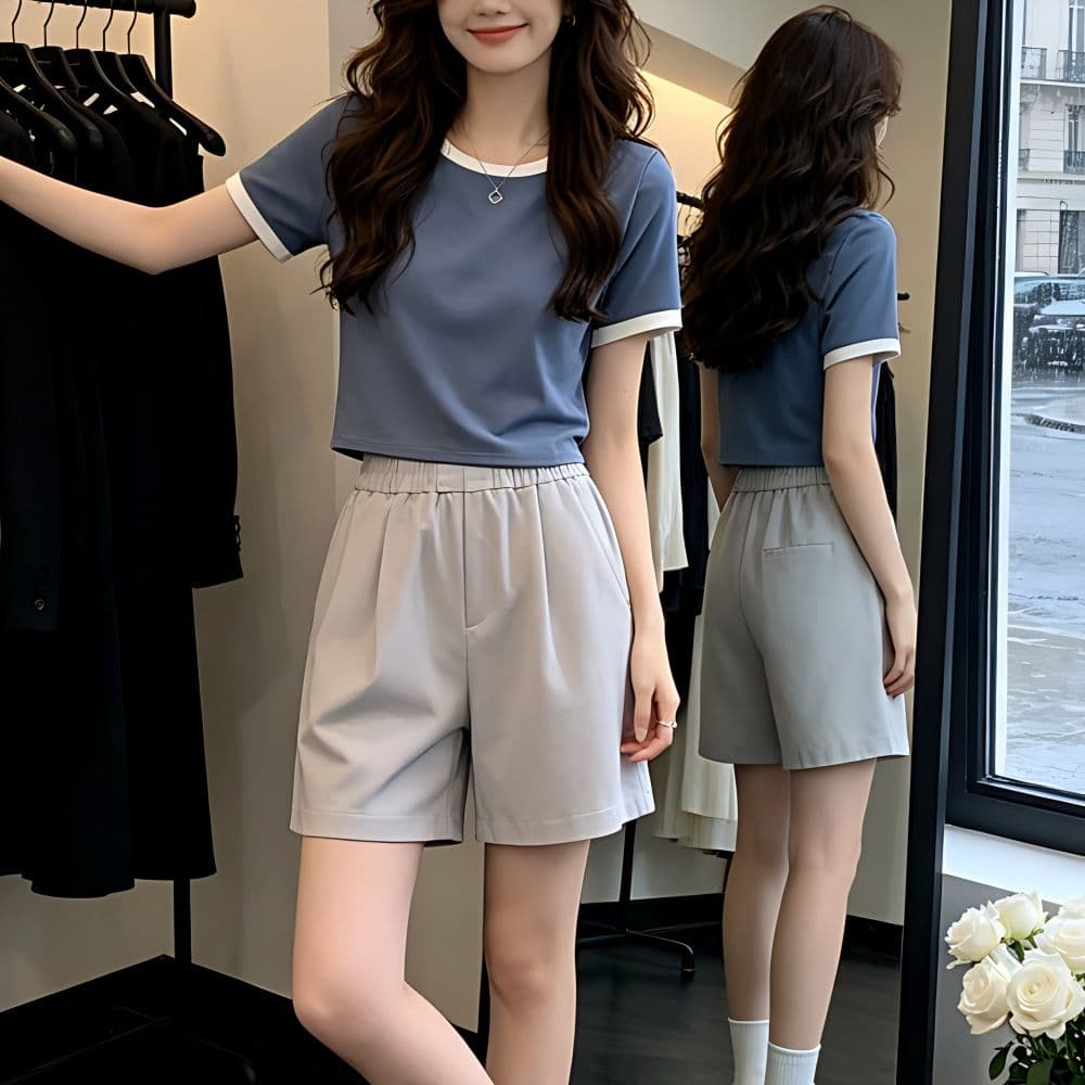 있음 선적 반팔 티셔츠 여성 여름 새로운 한국 스타일 작은 대중 디자인 센스 배색 핫걸 몸매 가꾸기 쇼트 스타일 이슬 뼈의 맨위 상세 이미지 4