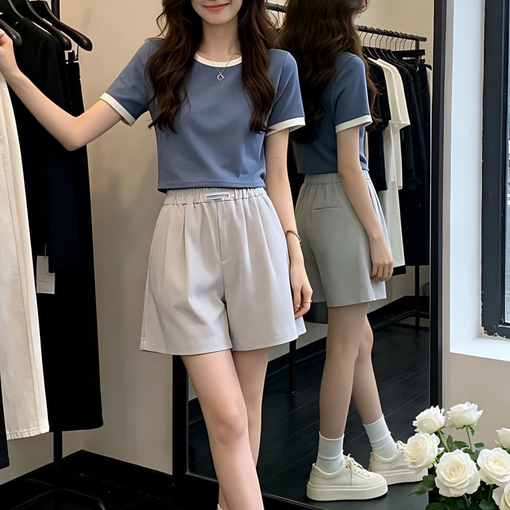 있음 선적 반팔 티셔츠 여성 여름 새로운 한국 스타일 작은 대중 디자인 센스 배색 핫걸 몸매 가꾸기 쇼트 스타일 이슬 뼈의 맨위 상세 이미지 5